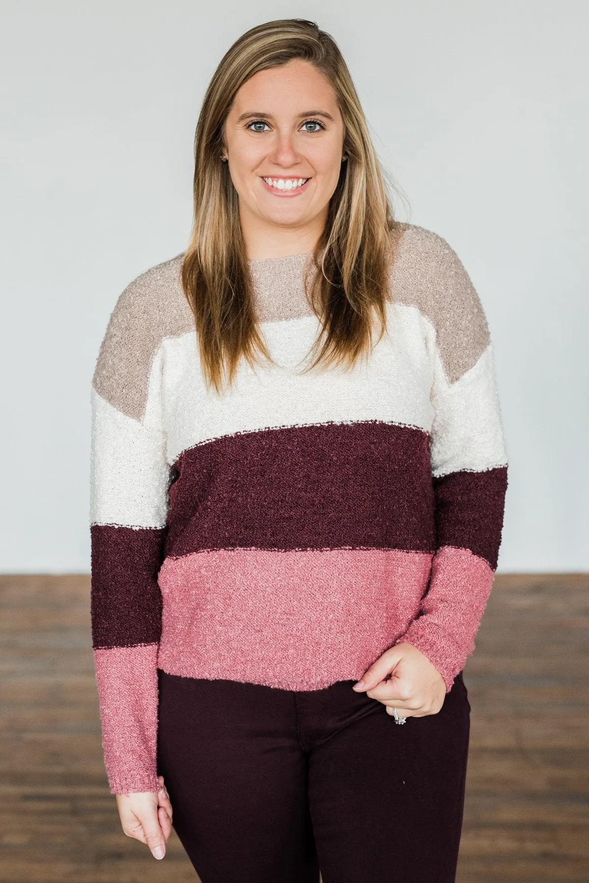 Dear To My Heart Color Block Sweater- Taupe, Ivory, Burgundy, Mauve