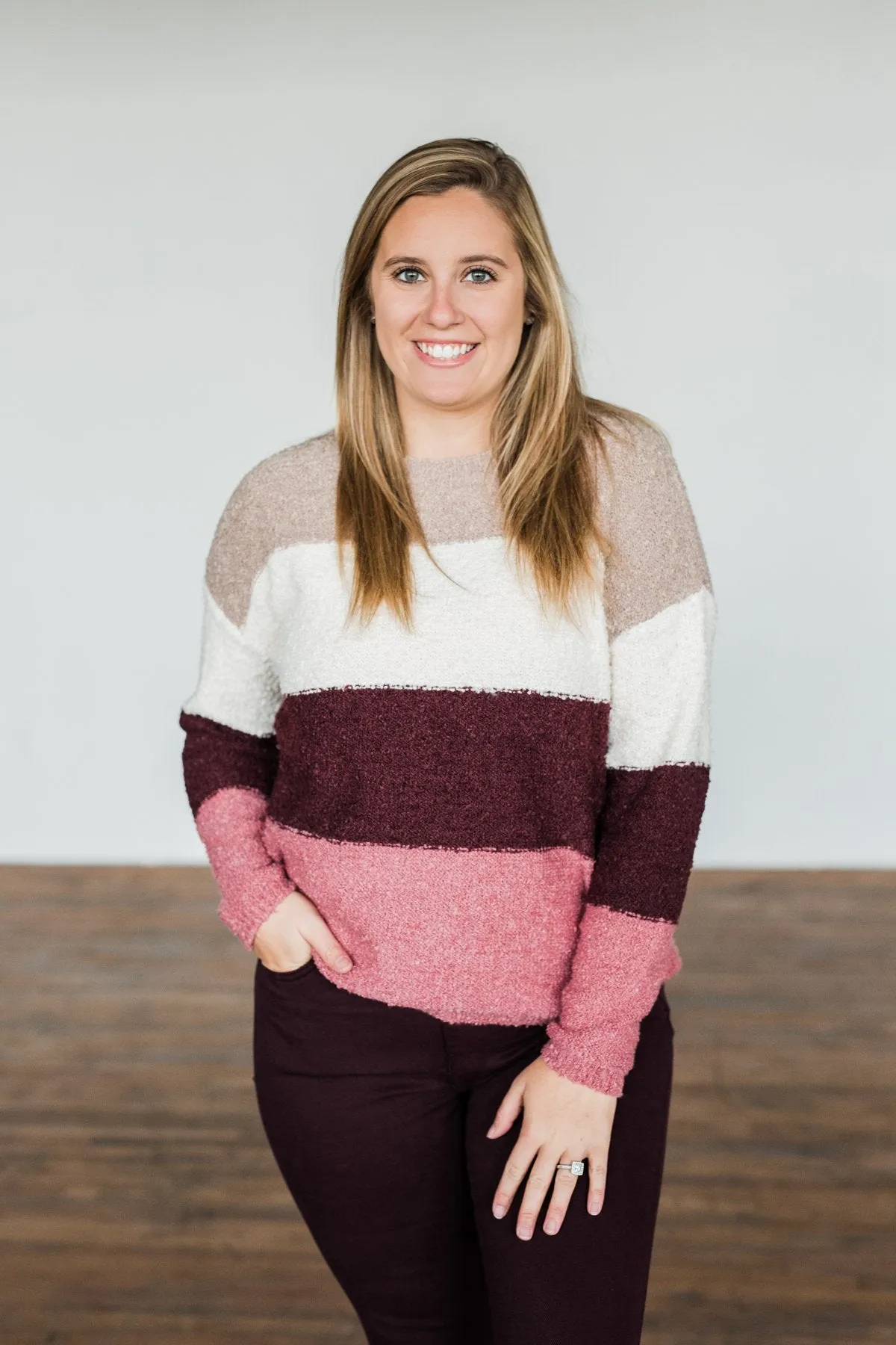 Dear To My Heart Color Block Sweater- Taupe, Ivory, Burgundy, Mauve