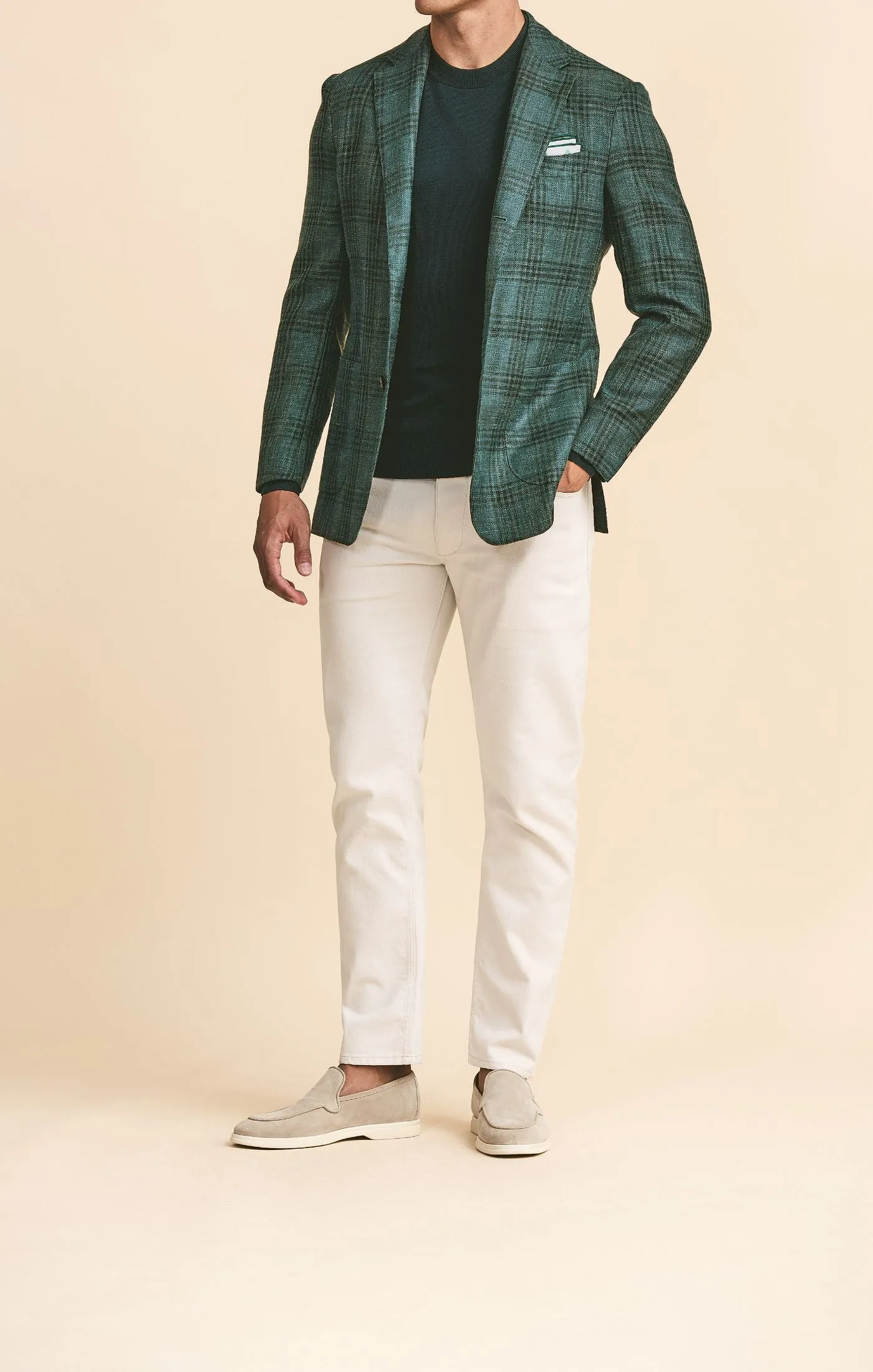 Drago Bottle Green Wool, Silk & Linen with Dark Green Overcheck