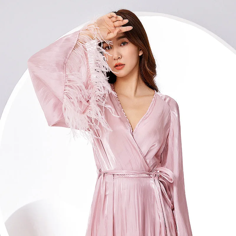 Dress Women's Summer Streamer Design Pink Ostrich Feather Vacation Style Waist Trimming Lace up Slim Nightdress Morning Gowns