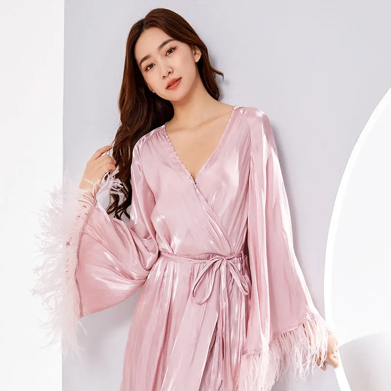 Dress Women's Summer Streamer Design Pink Ostrich Feather Vacation Style Waist Trimming Lace up Slim Nightdress Morning Gowns