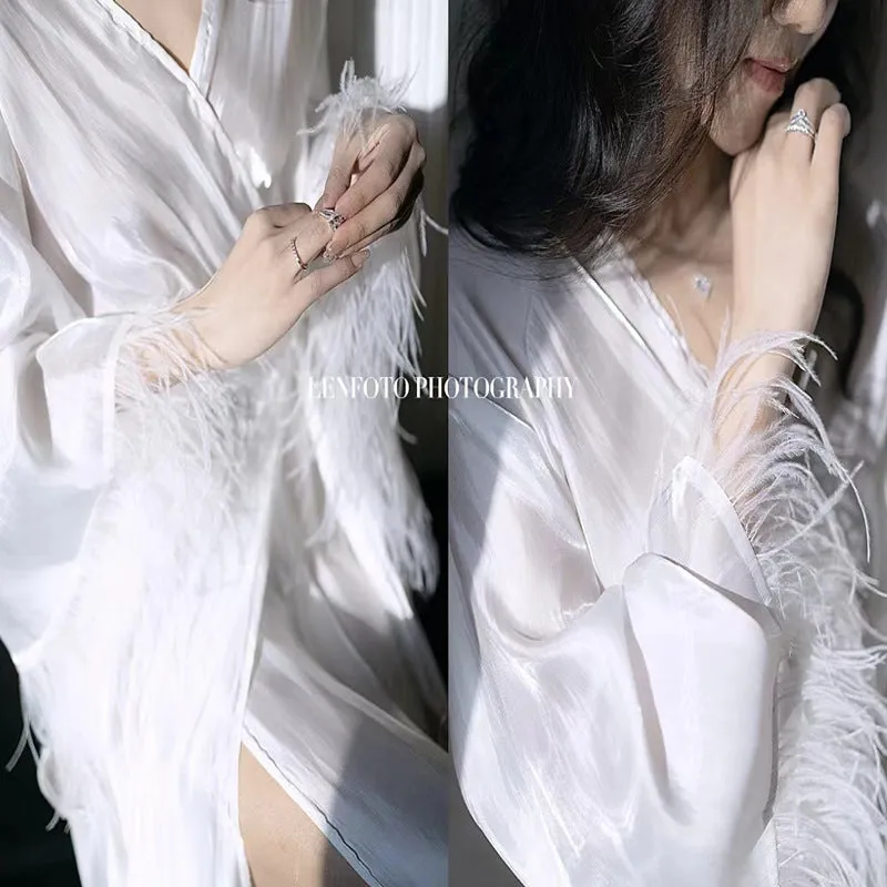 Dress Women's Summer Streamer Design Pink Ostrich Feather Vacation Style Waist Trimming Lace up Slim Nightdress Morning Gowns