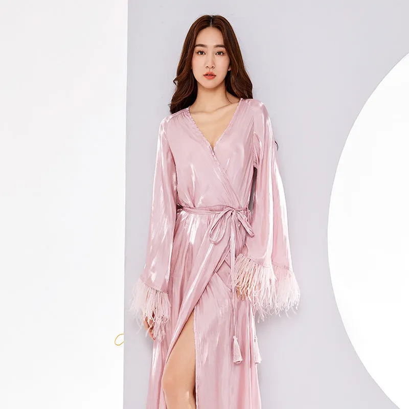 Dress Women's Summer Streamer Design Pink Ostrich Feather Vacation Style Waist Trimming Lace up Slim Nightdress Morning Gowns