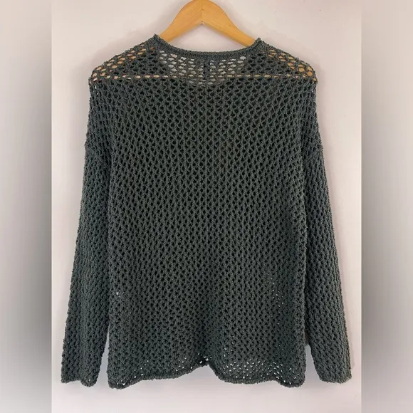Eileen Fisher Open Stitch Crewneck Organic Cotton Sweater In Grove Sz XS