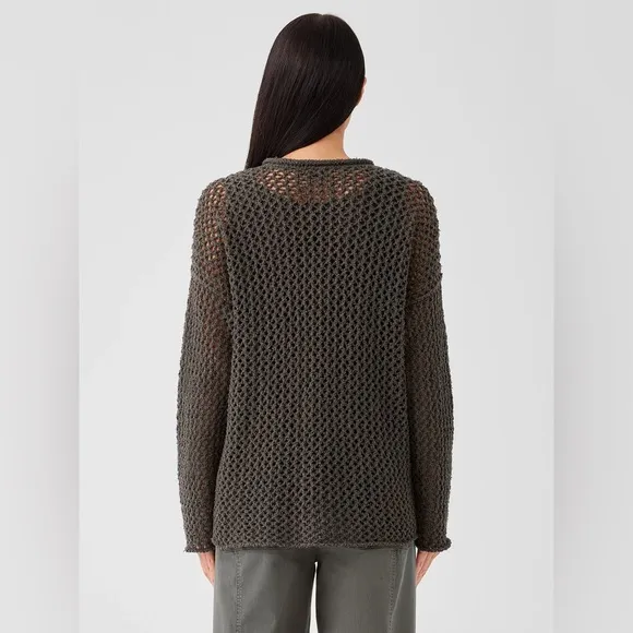 Eileen Fisher Open Stitch Crewneck Organic Cotton Sweater In Grove Sz XS
