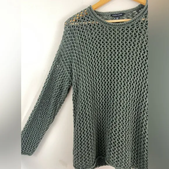 Eileen Fisher Open Stitch Crewneck Organic Cotton Sweater In Grove Sz XS