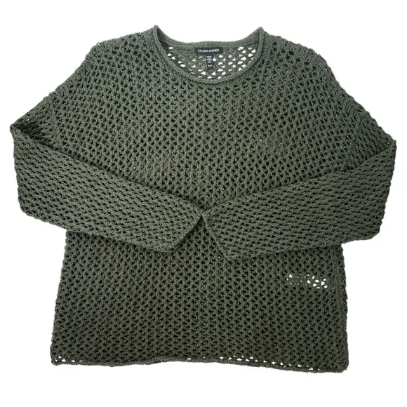 Eileen Fisher Open Stitch Crewneck Organic Cotton Sweater In Grove Sz XS