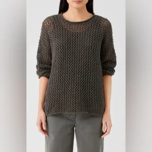 Eileen Fisher Open Stitch Crewneck Organic Cotton Sweater In Grove Sz XS
