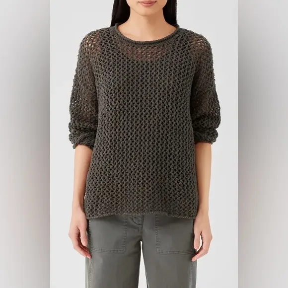 Eileen Fisher Open Stitch Crewneck Organic Cotton Sweater In Grove Sz XS