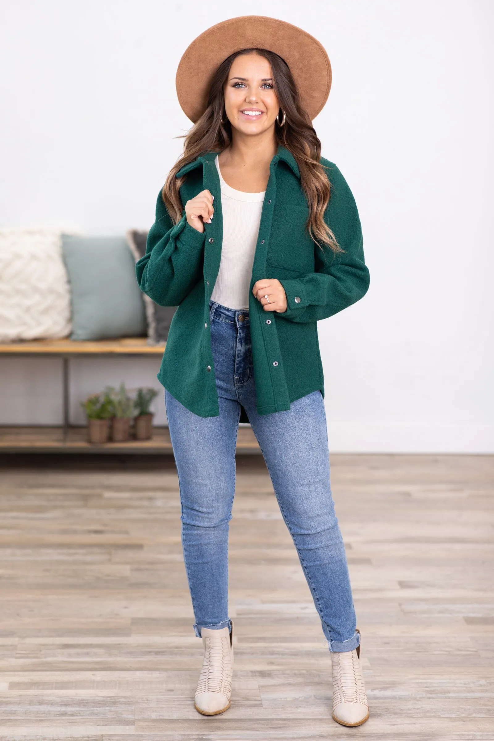Emerald Green Textured Snap Front Shacket
