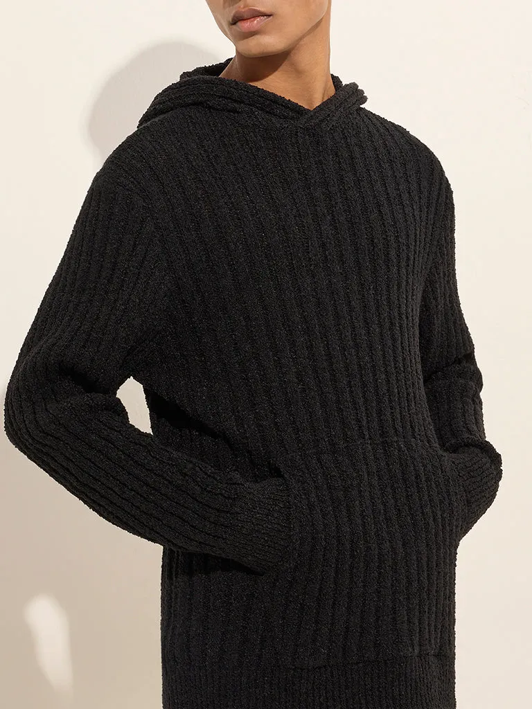 ETA Black Ribbed-Textured Relaxed-Fit Hoodie