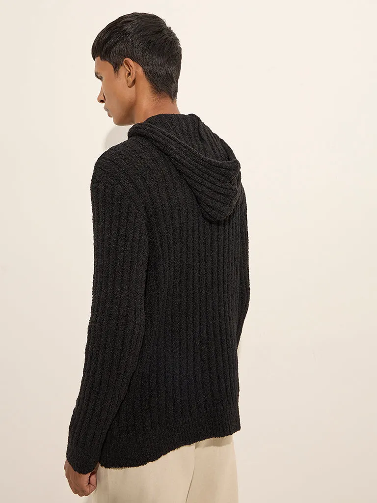 ETA Black Ribbed-Textured Relaxed-Fit Hoodie