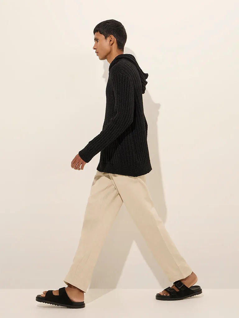 ETA Black Ribbed-Textured Relaxed-Fit Hoodie