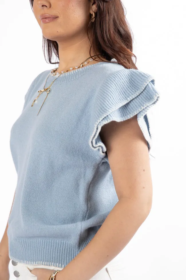 Everywhere and Back Light Blue Flutter Sleeve Stitched Detail Sweater SALE