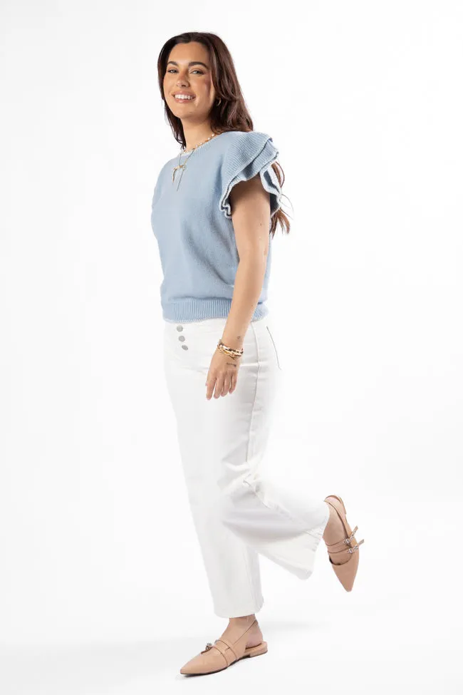 Everywhere and Back Light Blue Flutter Sleeve Stitched Detail Sweater SALE