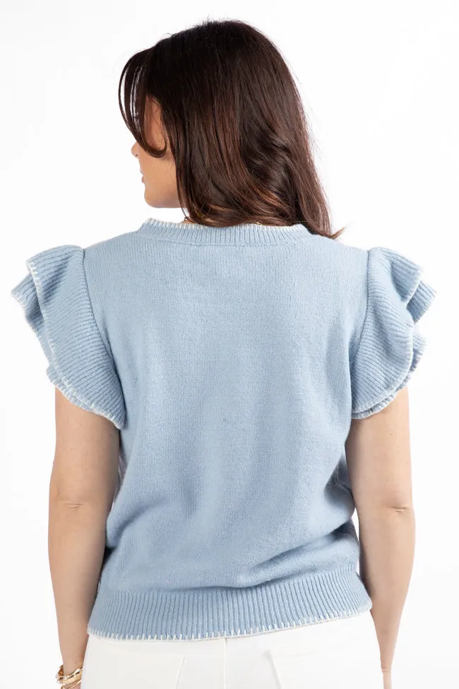 Everywhere and Back Light Blue Flutter Sleeve Stitched Detail Sweater SALE
