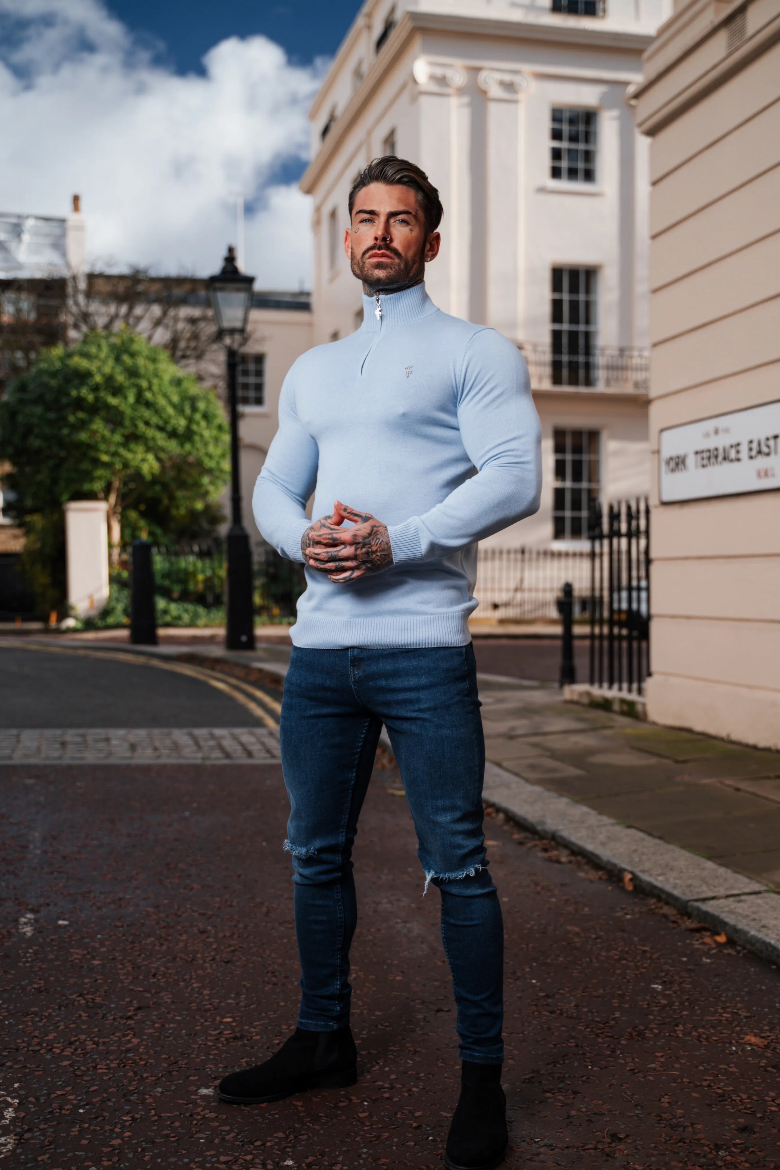 Father Sons Light Blue Funnel Neck 1/2 Zip Knitted Jumper - FSN119