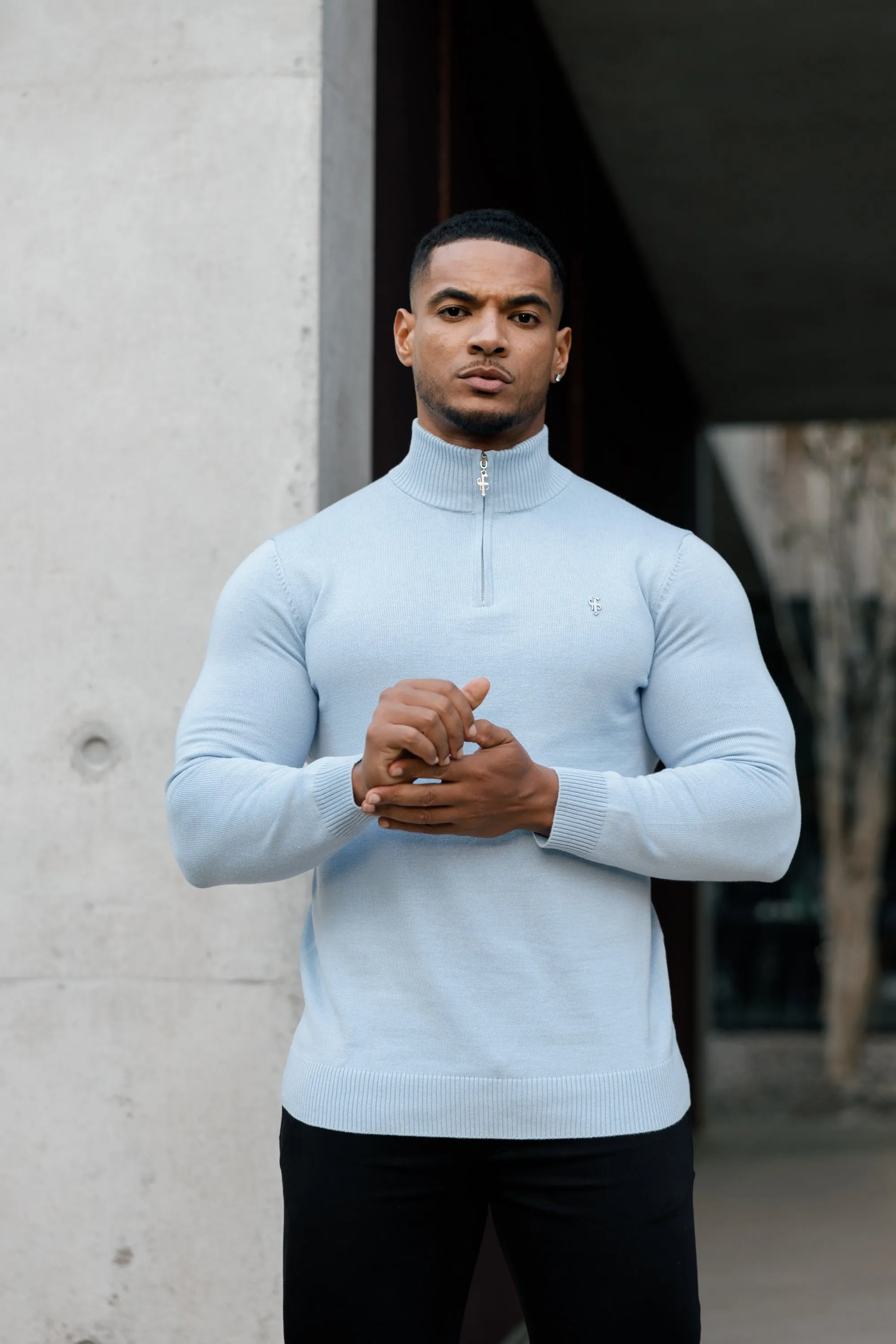 Father Sons Light Blue Funnel Neck 1/2 Zip Knitted Jumper - FSN119