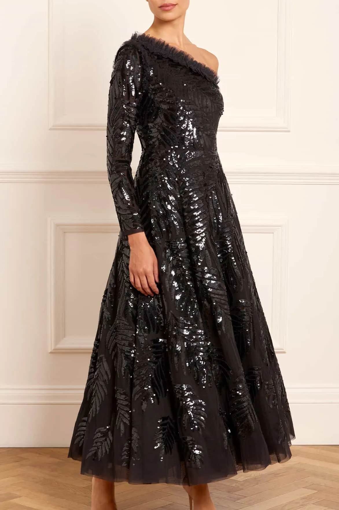 Feather Sequin One-Shoulder Ankle Gown