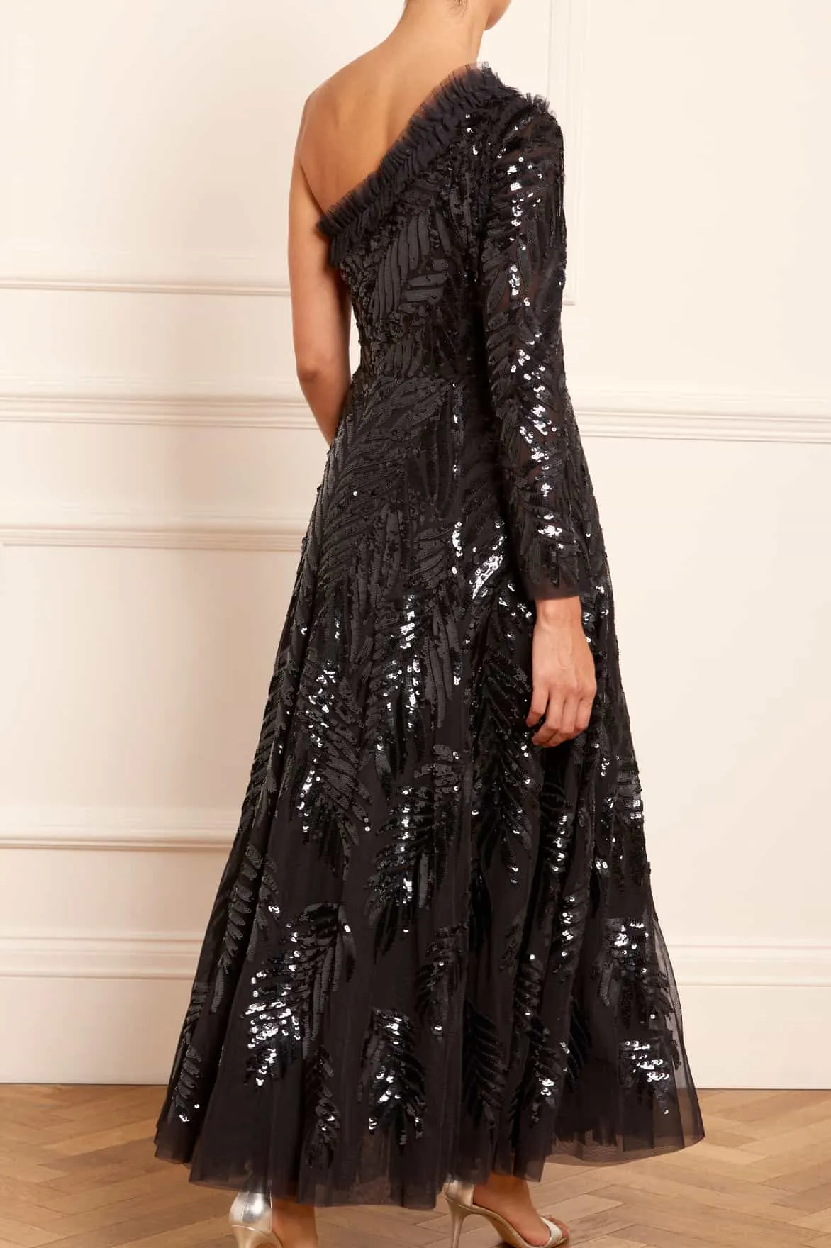 Feather Sequin One-Shoulder Ankle Gown