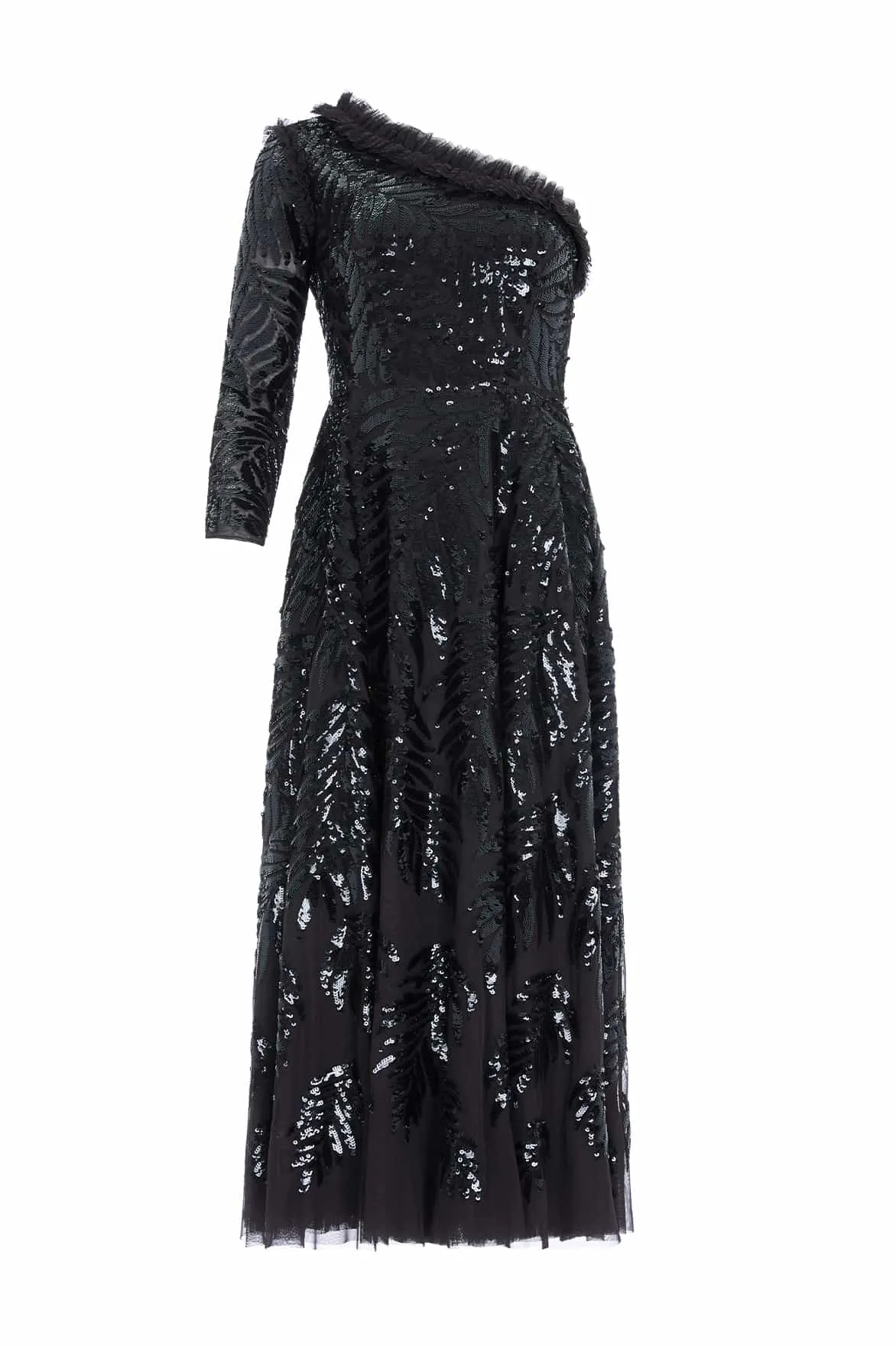 Feather Sequin One-Shoulder Ankle Gown