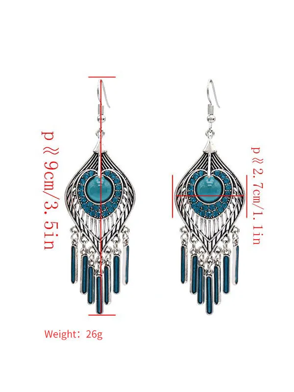 Feather Shape Turquoise Tassel Earrings