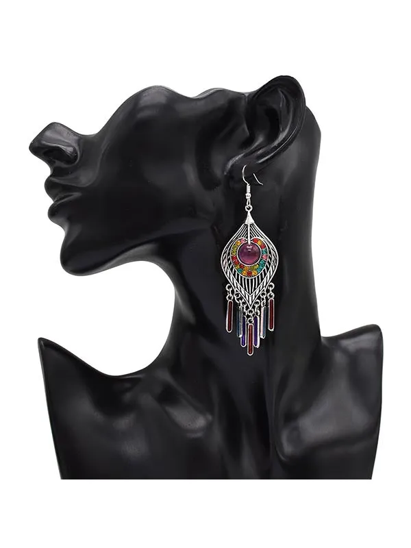 Feather Shape Turquoise Tassel Earrings