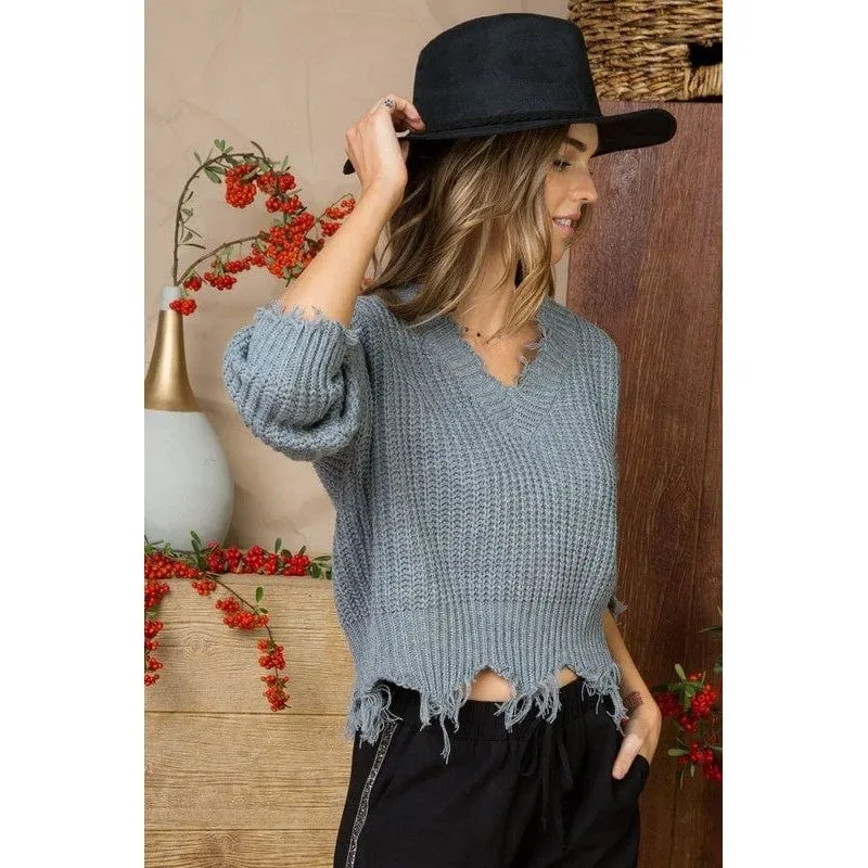 Frayed V Neck Sweater