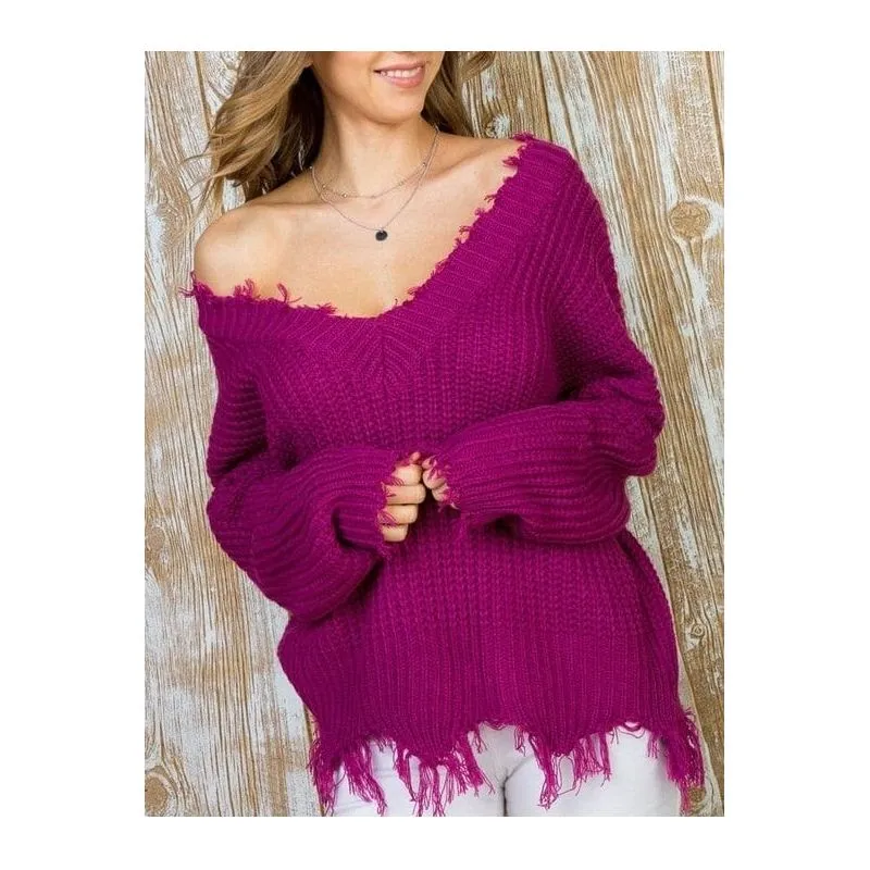 Frayed V Neck Sweater