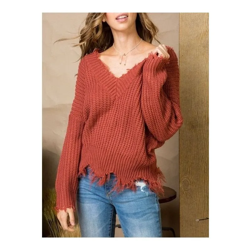Frayed V Neck Sweater