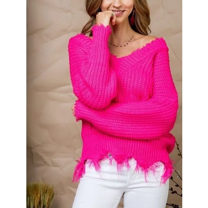 Frayed V Neck Sweater