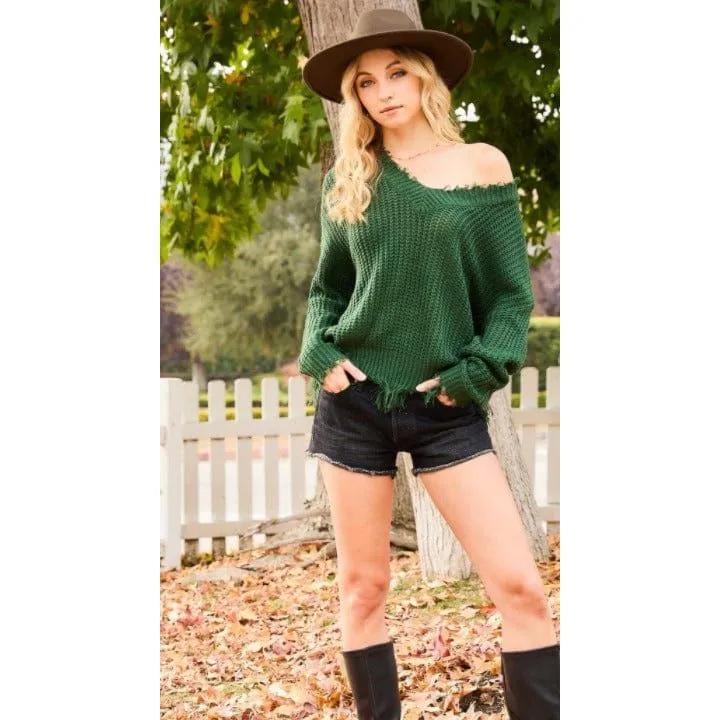 Frayed V Neck Sweater