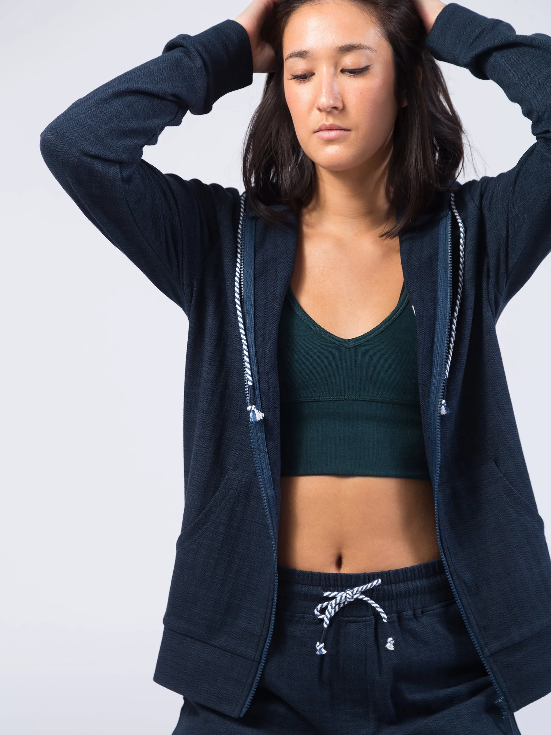 Full Zip Herringbone Flex Hoodie | Deep Sea