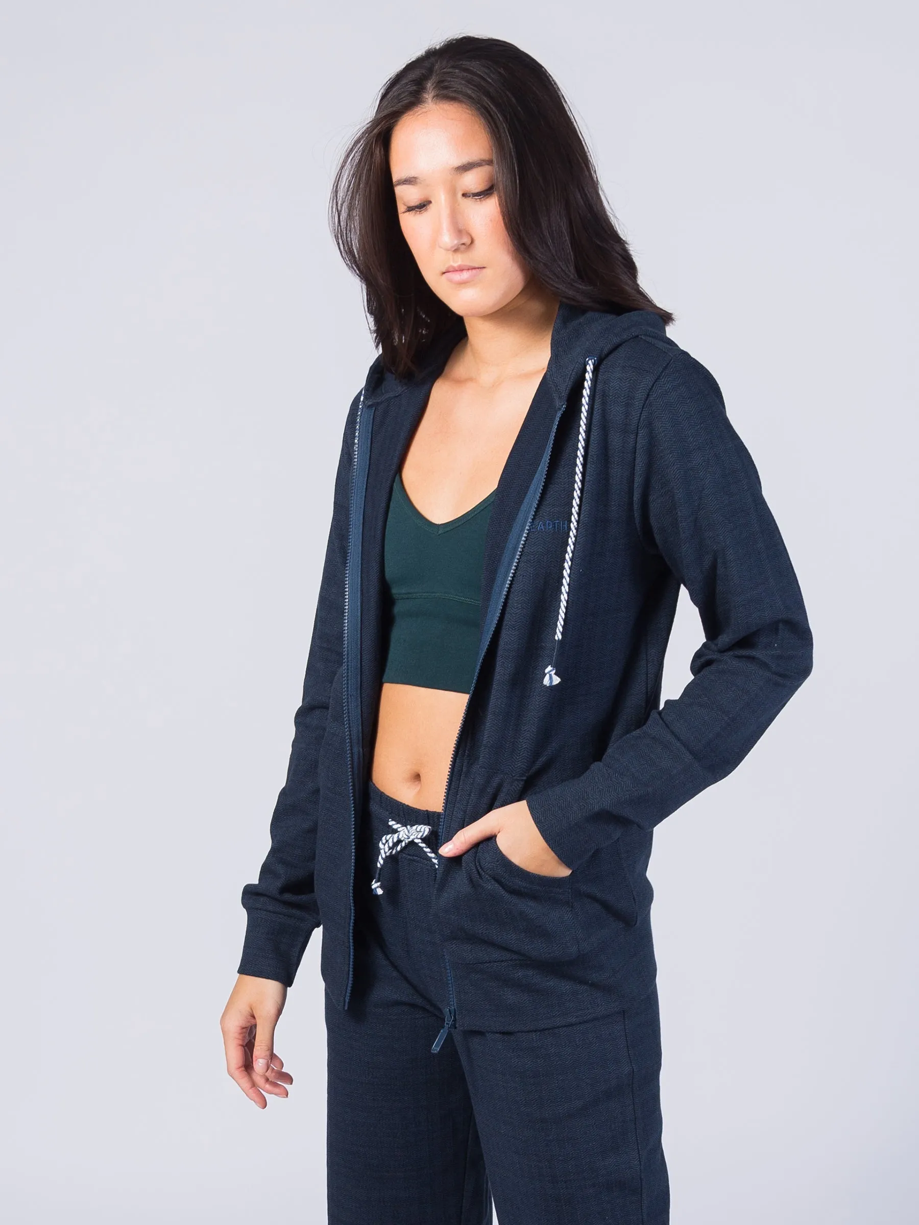 Full Zip Herringbone Flex Hoodie | Deep Sea