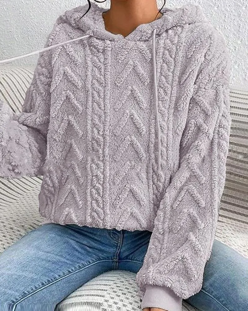 Fuzzy Cable Textured Casual Hoodie