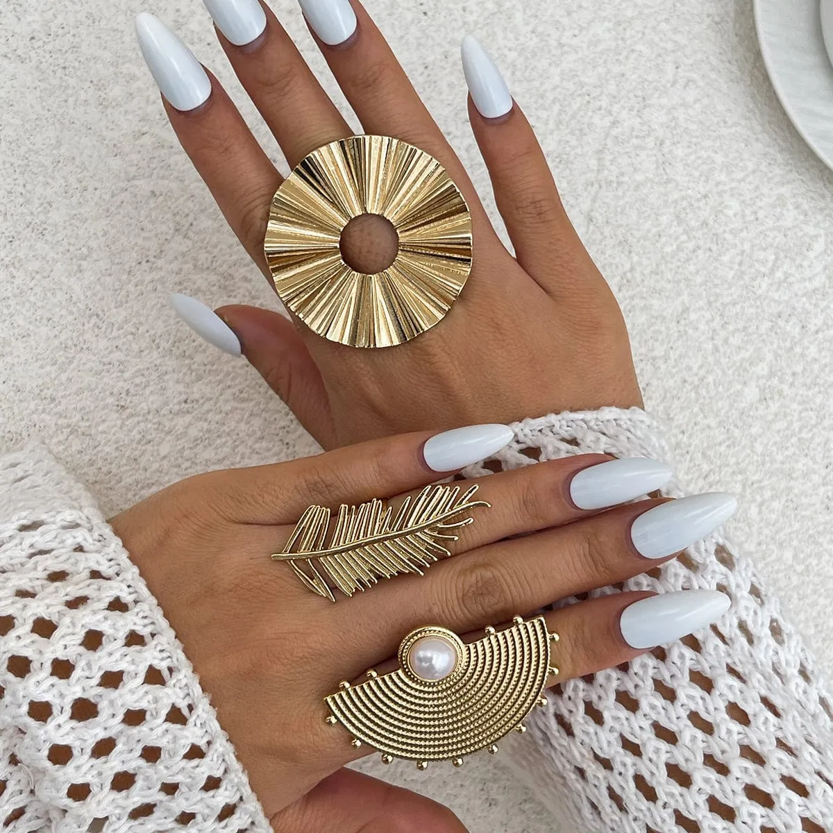 Geometric Abstract Lotus Leaf Feather Pearl Open Ring Set
