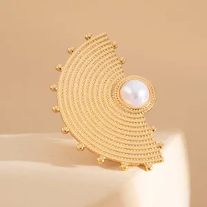 Geometric Abstract Lotus Leaf Feather Pearl Open Ring Set