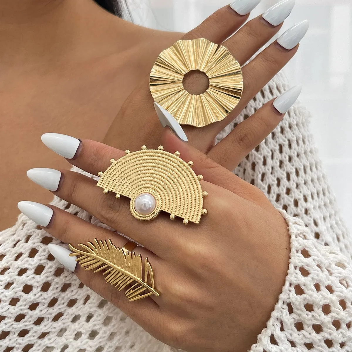 Geometric Abstract Lotus Leaf Feather Pearl Open Ring Set