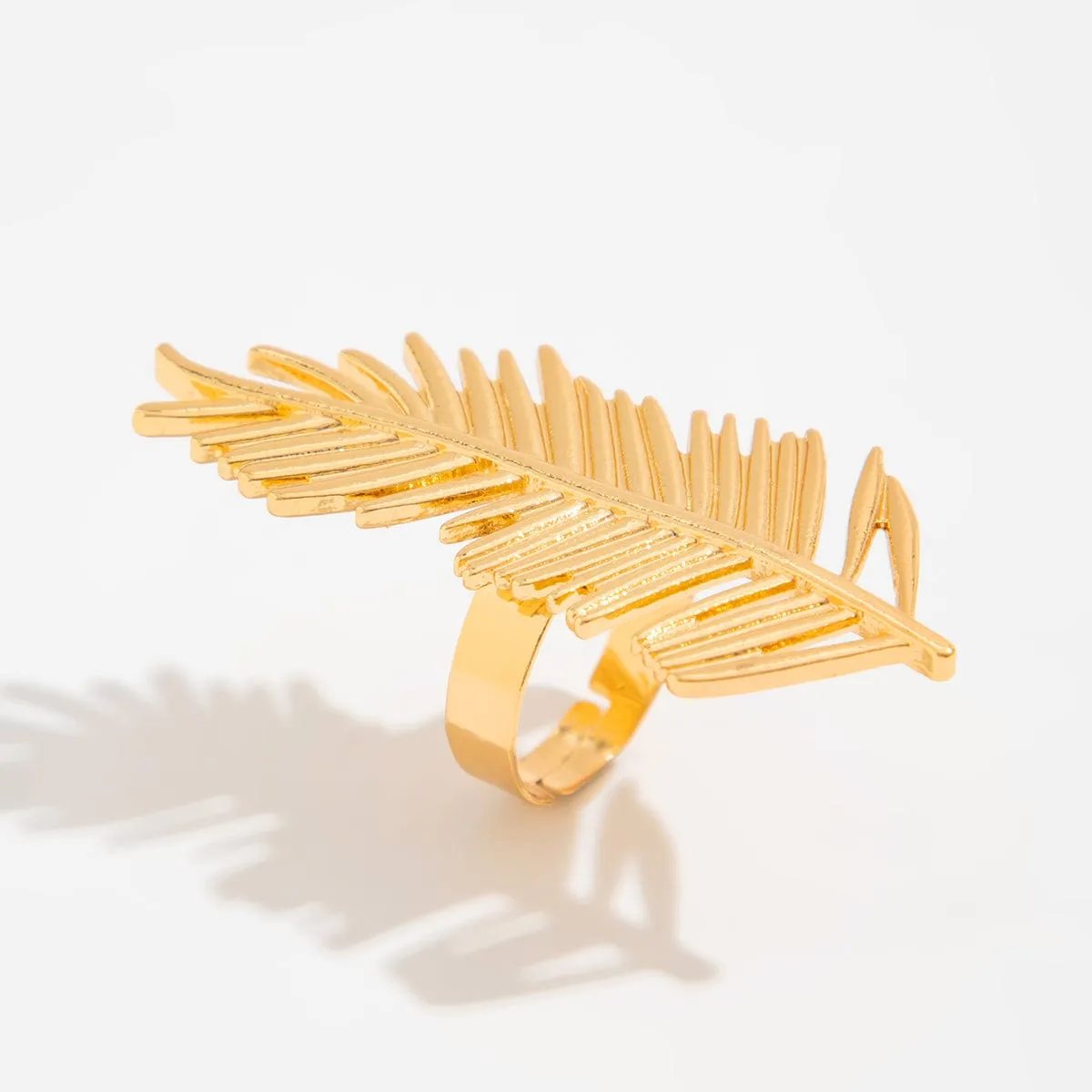 Geometric Abstract Lotus Leaf Feather Pearl Open Ring Set
