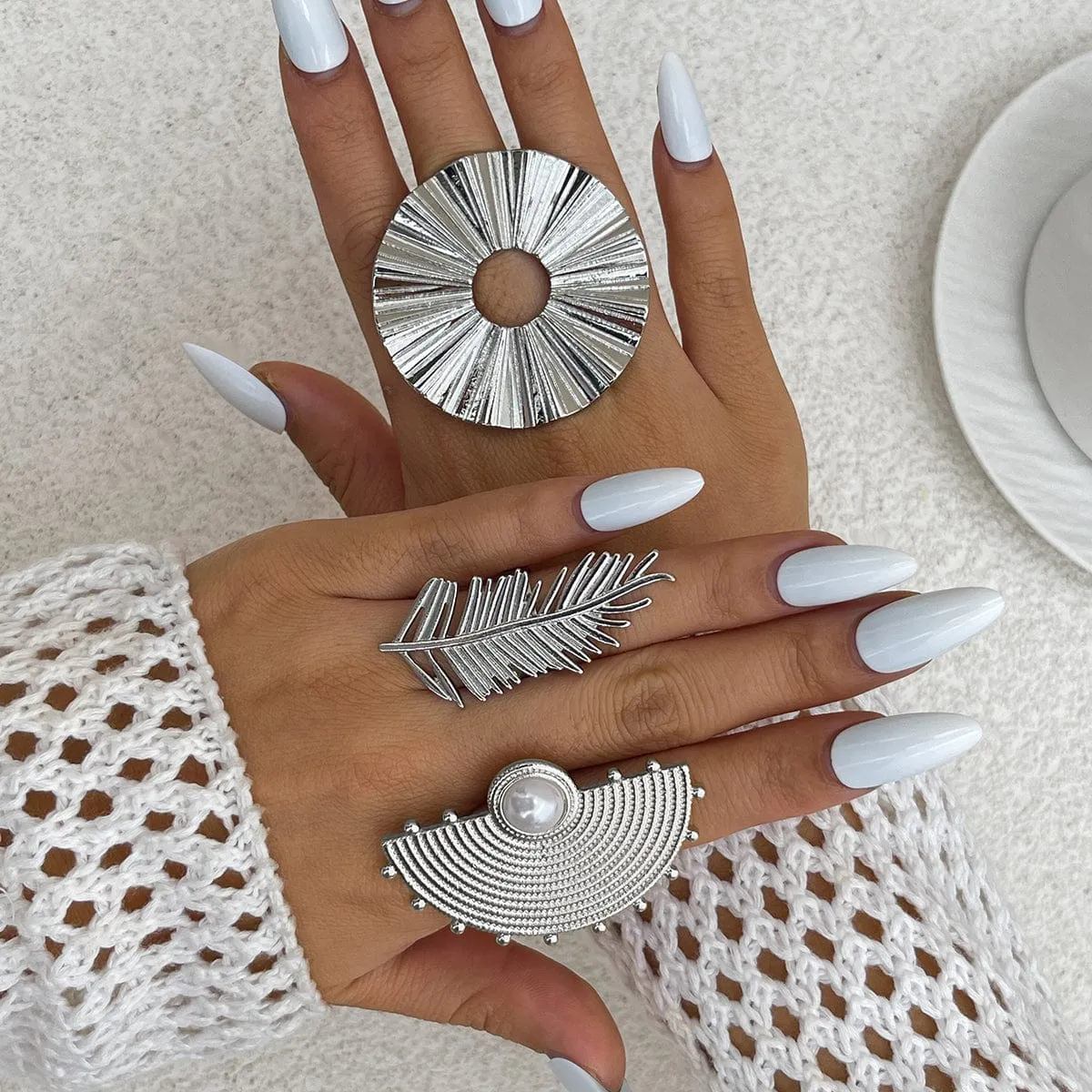 Geometric Abstract Lotus Leaf Feather Pearl Open Ring Set