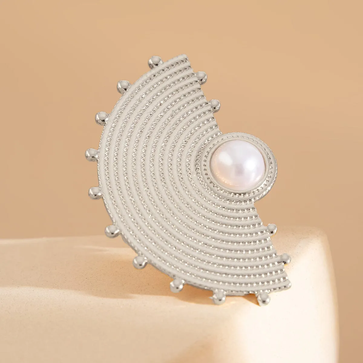 Geometric Abstract Lotus Leaf Feather Pearl Open Ring Set