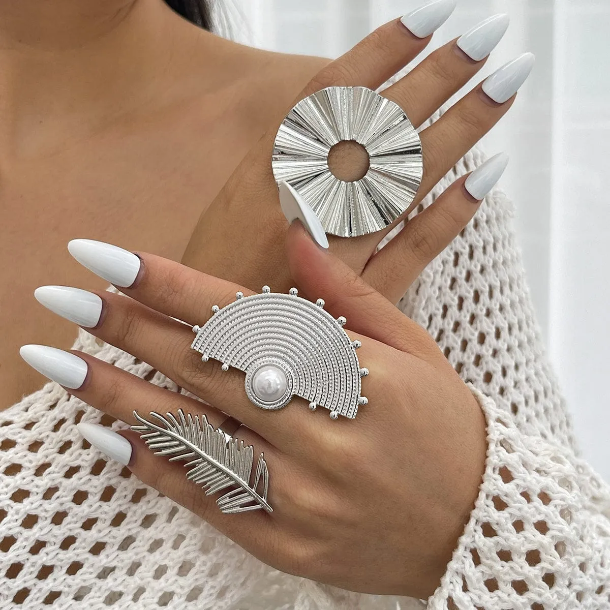 Geometric Abstract Lotus Leaf Feather Pearl Open Ring Set