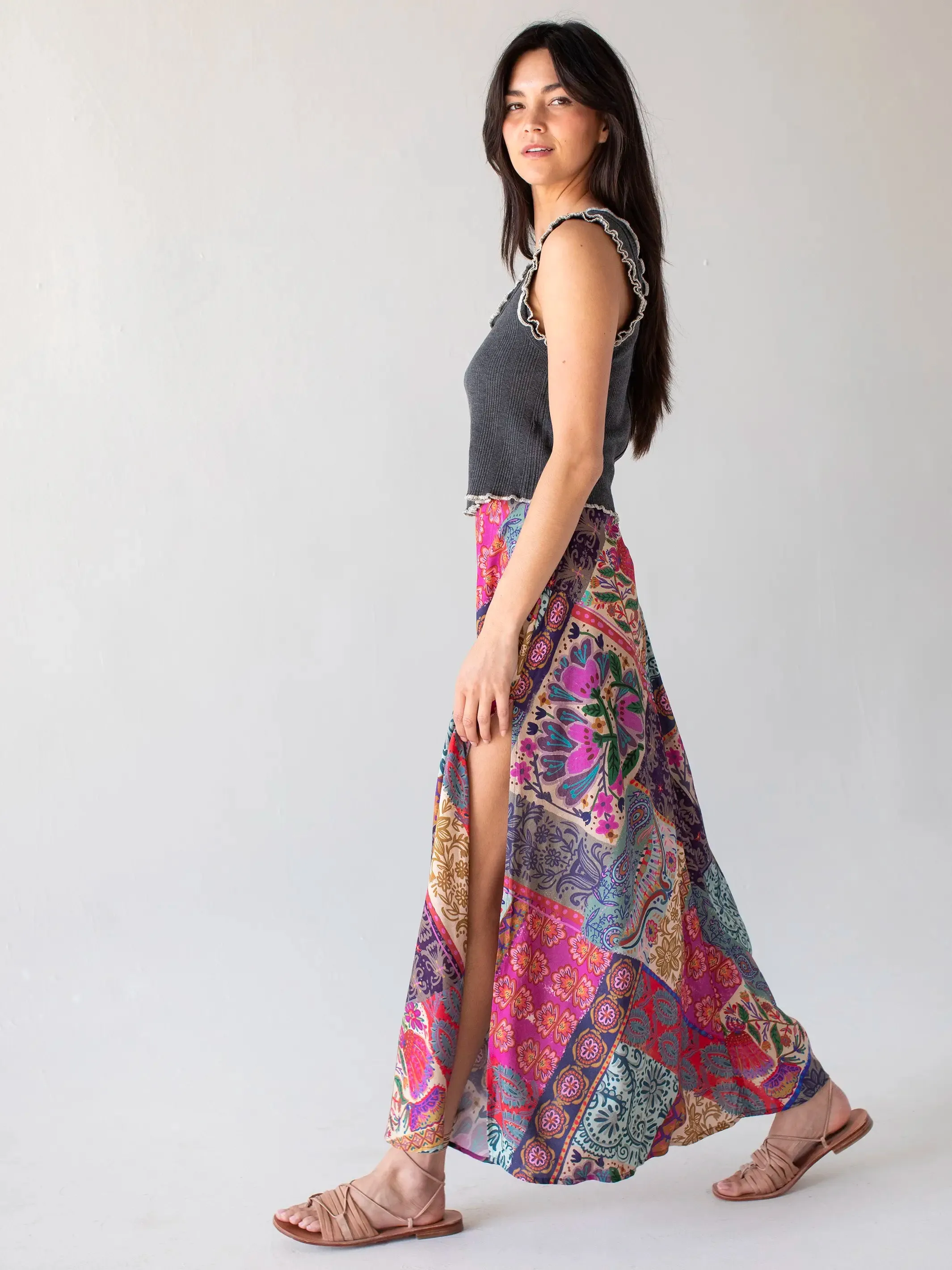 Ginger Side-Slit Maxi Skirt - Dark Patchwork