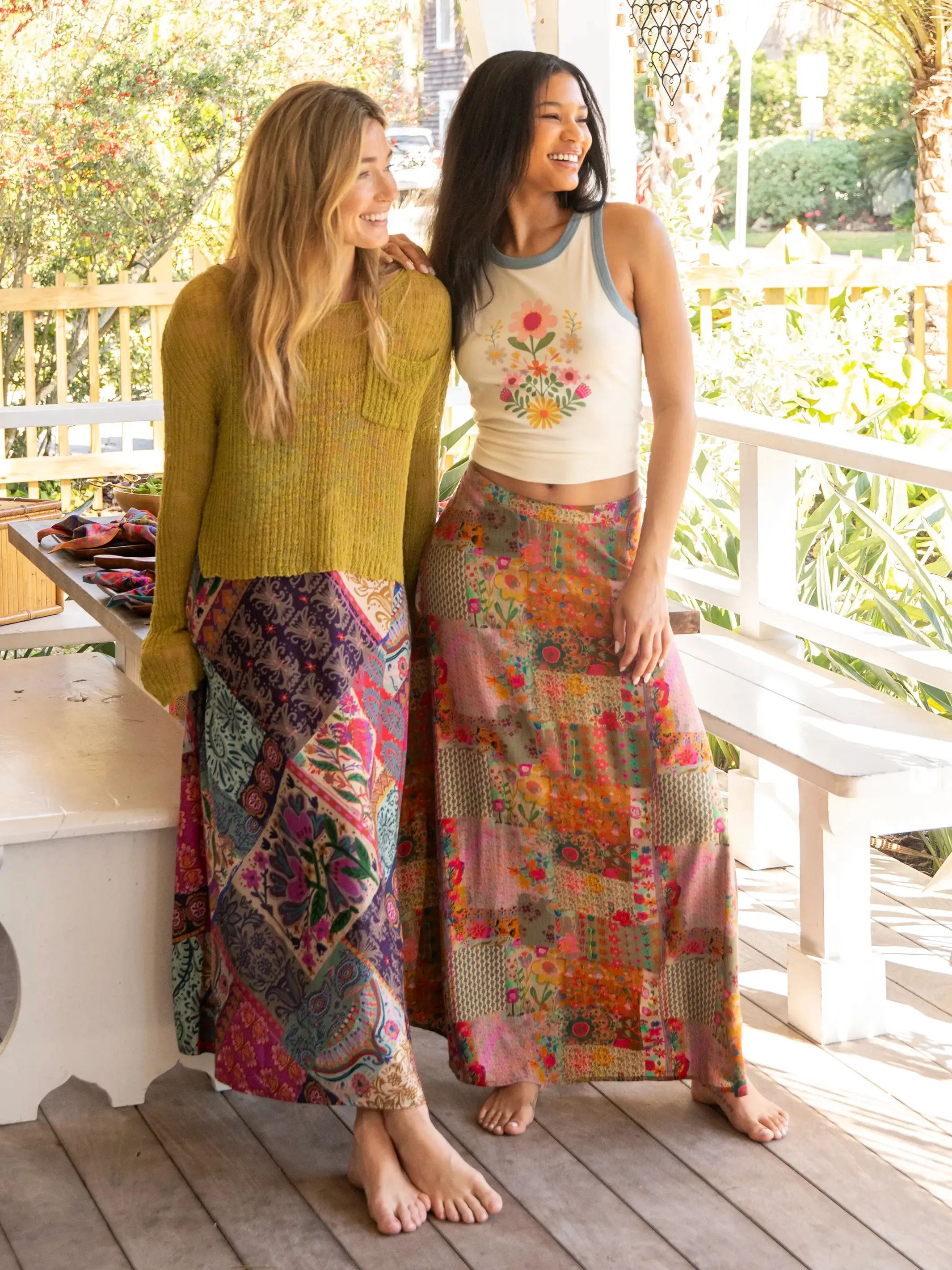 Ginger Side-Slit Maxi Skirt - Pink Floral Patchwork