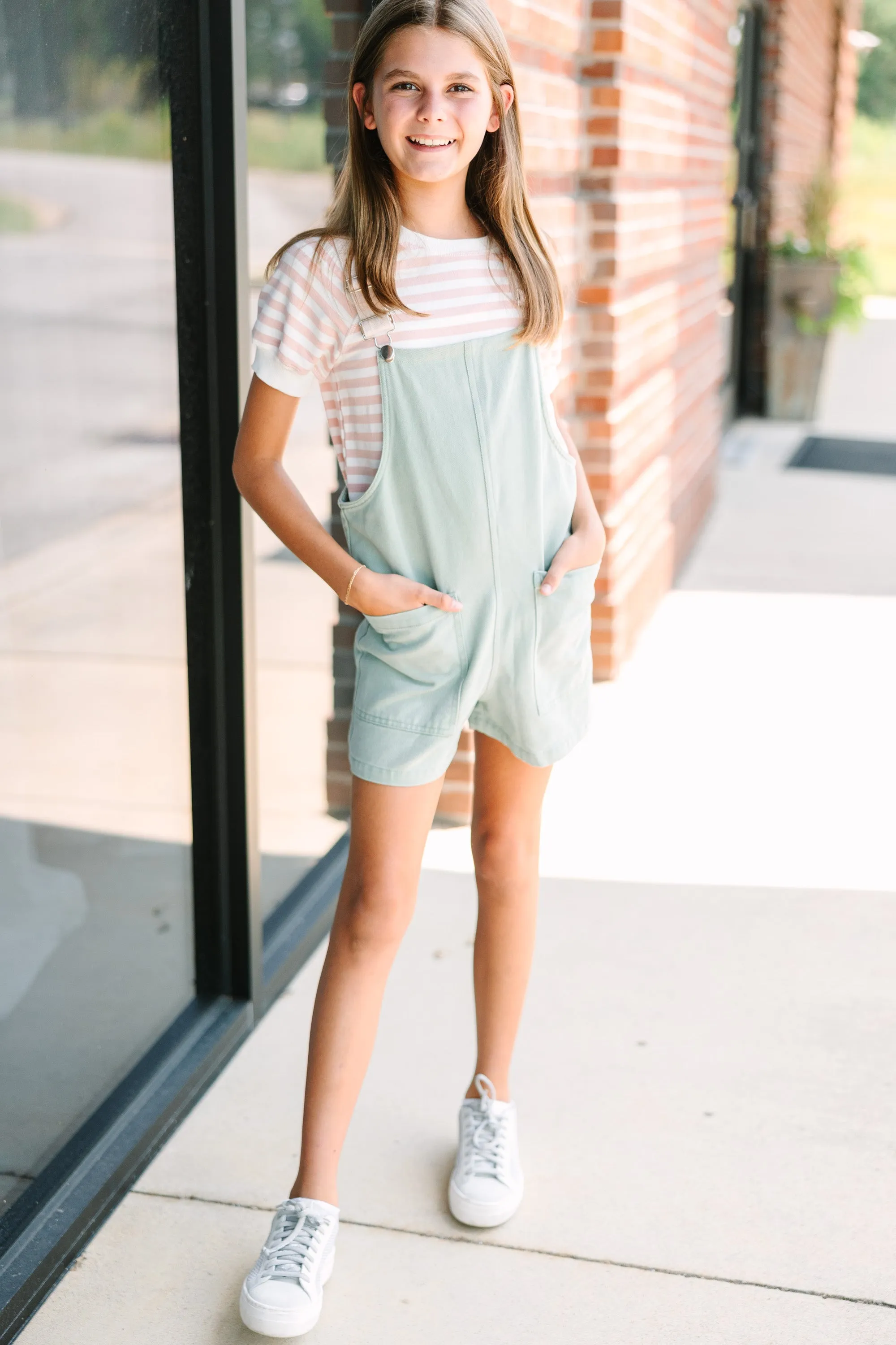 Girls: All You Can See Light Sage Green Overalls