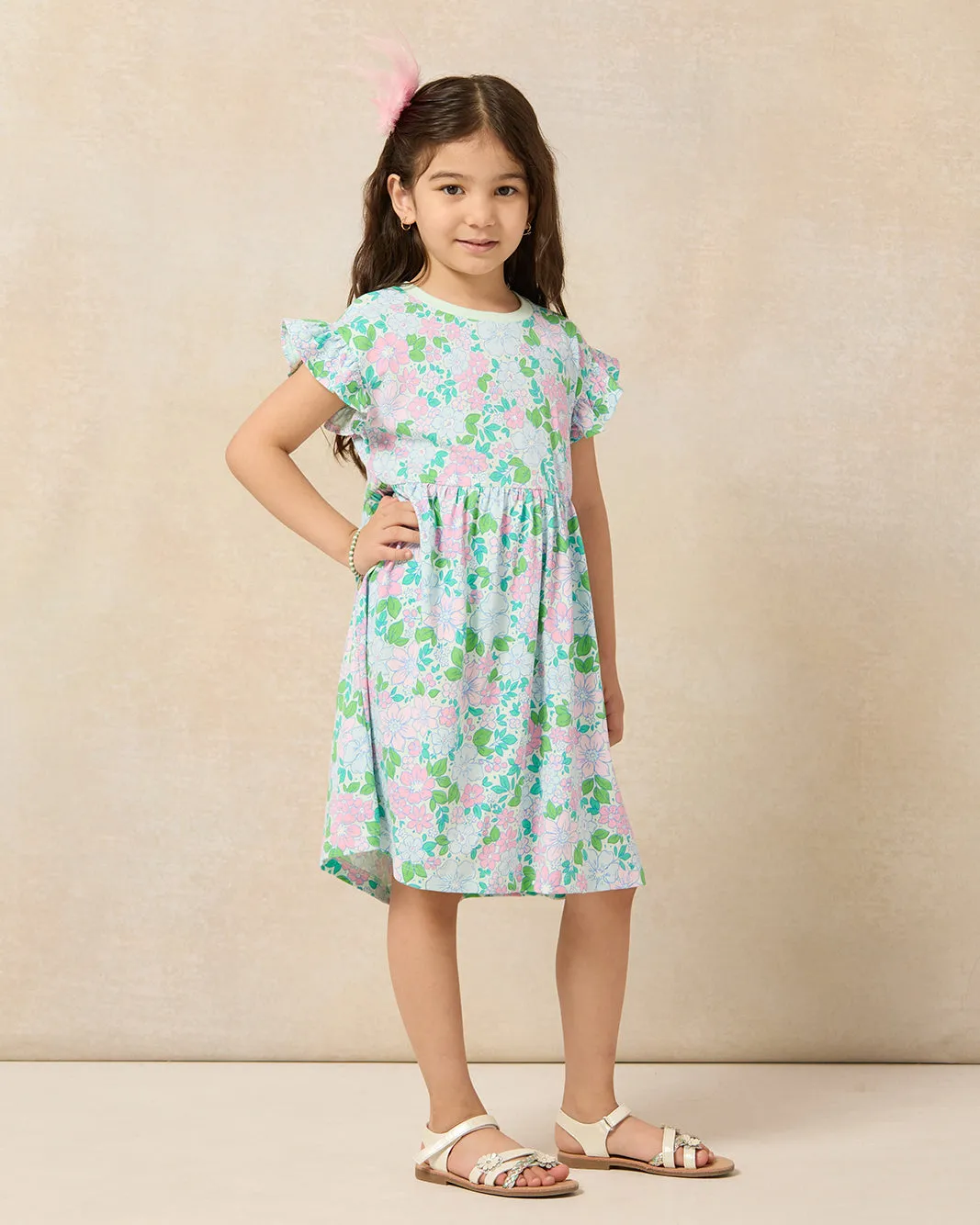 Girls Mint Floral Frill Sleeve Boxy Knit Dress