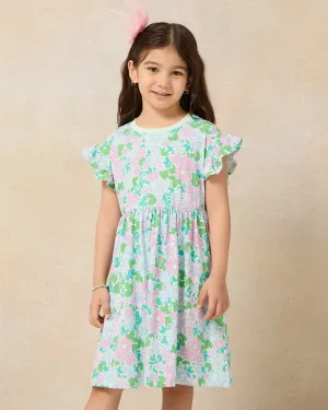 Girls Mint Floral Frill Sleeve Boxy Knit Dress