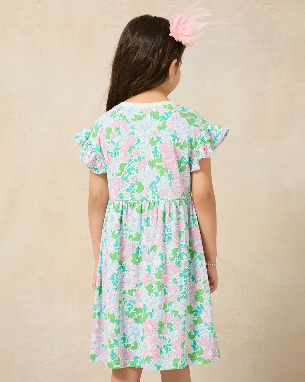 Girls Mint Floral Frill Sleeve Boxy Knit Dress