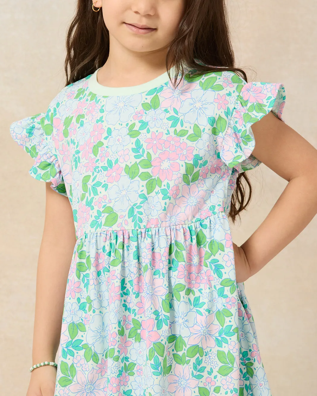 Girls Mint Floral Frill Sleeve Boxy Knit Dress