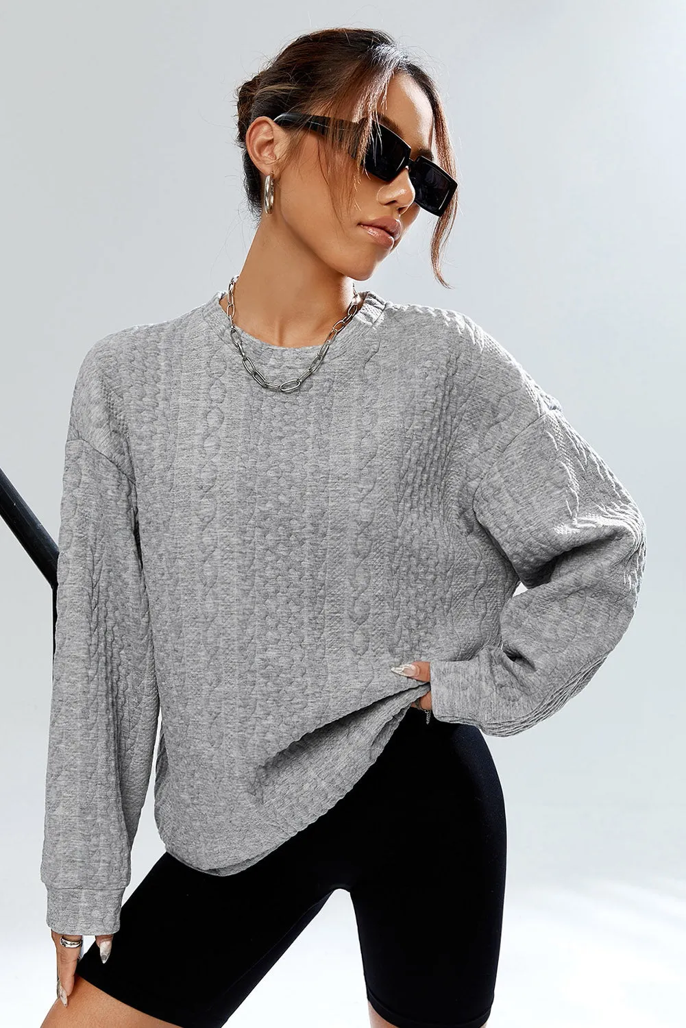 Gray Cable Textured Drop Shoulder Pullover Sweatshirt